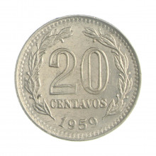 Km#55 20 Centavos 1959 MBC Argentina América Aço revestimento níquel 21(mm) 4(gr)