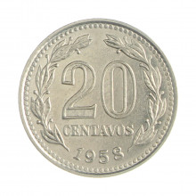 Km#55 20 Centavos 1958 MBC+ Argentina América Aço revestimento níquel 21(mm) 4(gr)