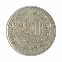Km#55 20 Centavos 1957 MBC Argentina América Aço revestimento níquel 21(mm) 4(gr)