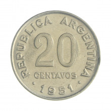 Km#48 20 Centavos 1951 MBC+ Argentina América Cupro-Níquel 21(mm) 4(gr)