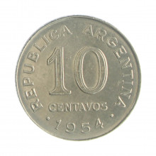 Km#51 10 Centavos 1954 MBC+ Argentina América Aço com revestimento de níquel 19(mm) 3(gr)