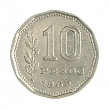 Km#60 10 Pesos 1965 MBC Argentina América Aço com revestimento de níquel 23(mm) 4.9(gr)