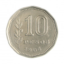 Km#60 10 Pesos 1964 MBC Argentina América Aço com revestimento de níquel 23(mm) 4.9(gr)