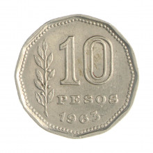 Km#60 10 Pesos 1963 MBC Argentina América Aço com revestimento de níquel 23(mm) 4.9(gr)