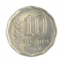 Km#60 10 Pesos 1962 MBC+ Argentina América Aço com revestimento de níquel 23(mm) 4.9(gr)