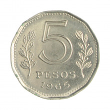 Km#59 5 Pesos 1965 MBC+ Argentina América Aço com revestimento de níquel 21.1(mm) 4(gr)