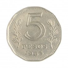 Km#59 5 Pesos 1963 MBC Argentina América Aço com revestimento de níquel 21.1(mm) 4(gr)