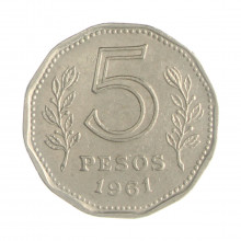 Km#59 5 Pesos 1961 MBC Argentina América Aço com revestimento de níquel 21.1(mm) 4(gr)