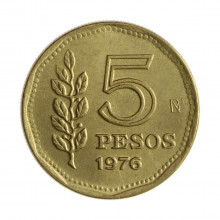 Km#71 5 Pesos 1976 BA SOB Argentina América Bronze Alumínio 23.5(mm) 5.75(gr)