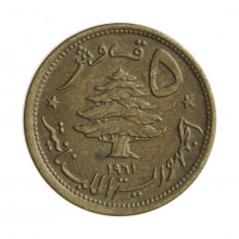 Moeda Km#21 5 Piastres 1961 SOB Líbano Ásia Bronze-Alumínio Ø20mm 2,9gr.