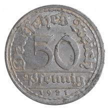 KM#27 50 Pfennig 1921 J MBC Alemanha Império Europa