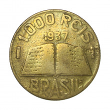 Moeda V-158 1000 Réis 1937 BC/MBC  Bronze-Alumínio Ø24,5mm 8gr.